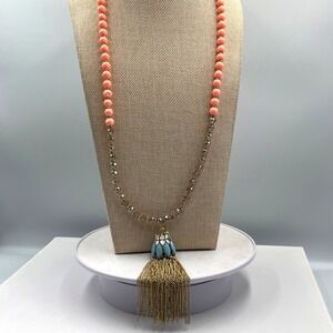 Vintage Charming Charlie Coral Bead Tassel Necklace Hypo Allergenic Blue Stone